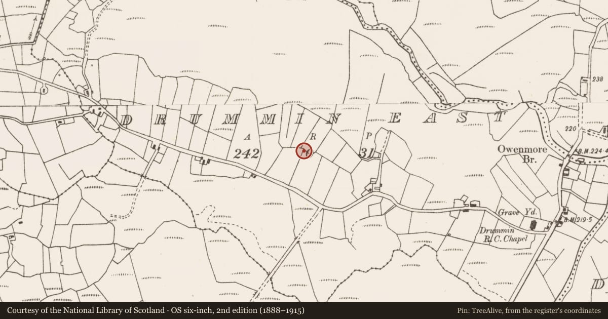 Ordnance Survey six-inch map, 2nd edition (1888–1915) covering the location of Enclosure, Drummin East, County Mayo, with a pin at the register's coordinates