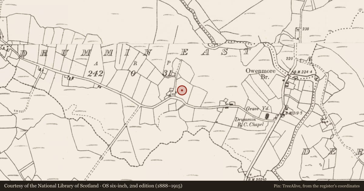 Ordnance Survey six-inch map, 2nd edition (1888–1915) covering the location of Enclosure, Drummin East, County Mayo, with a pin at the register's coordinates