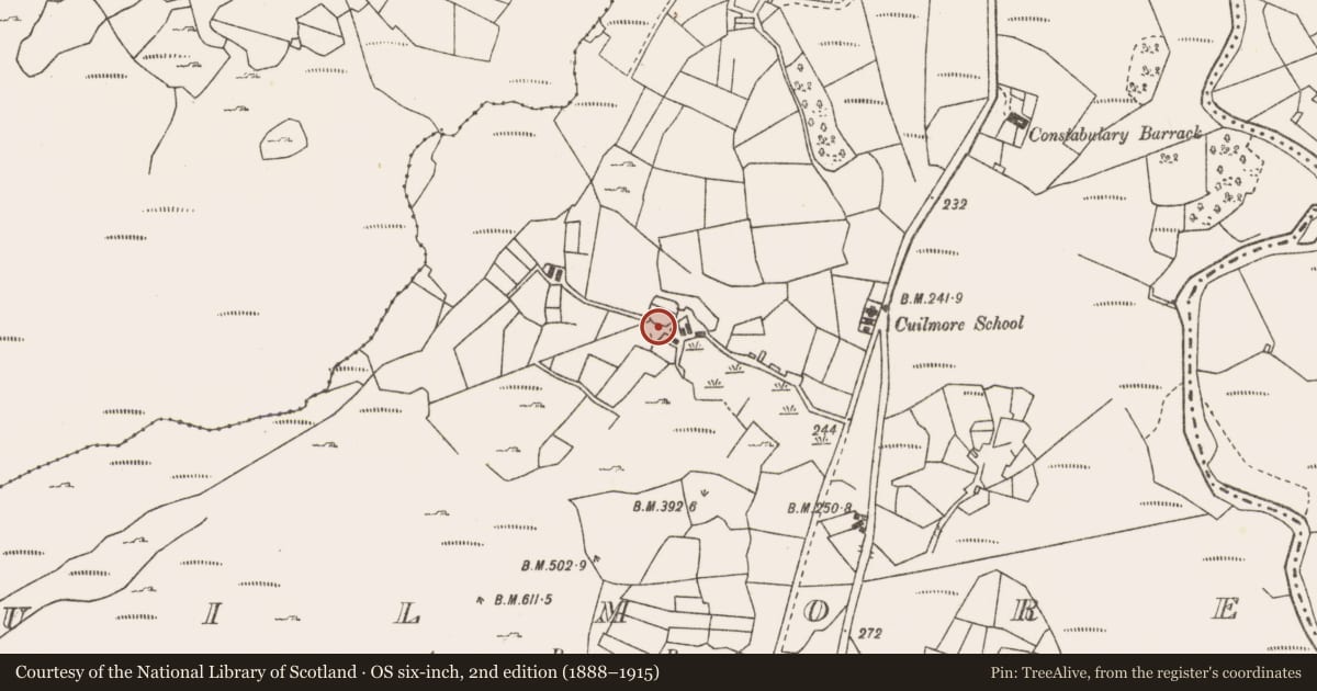Ordnance Survey six-inch map, 2nd edition (1888–1915) covering the location of Enclosure, Cuilmore, County Mayo, with a pin at the register's coordinates