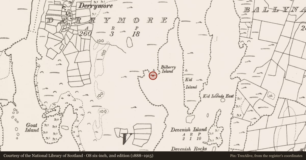Ordnance Survey six-inch map, 2nd edition (1888–1915) covering the location of House - indeterminate date, Derrymore, County Mayo, with a pin at the register's coordinates