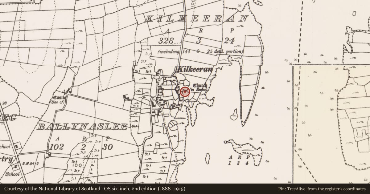Ordnance Survey six-inch map, 2nd edition (1888–1915) covering the location of Church, Kilkeeran, County Mayo, with a pin at the register's coordinates
