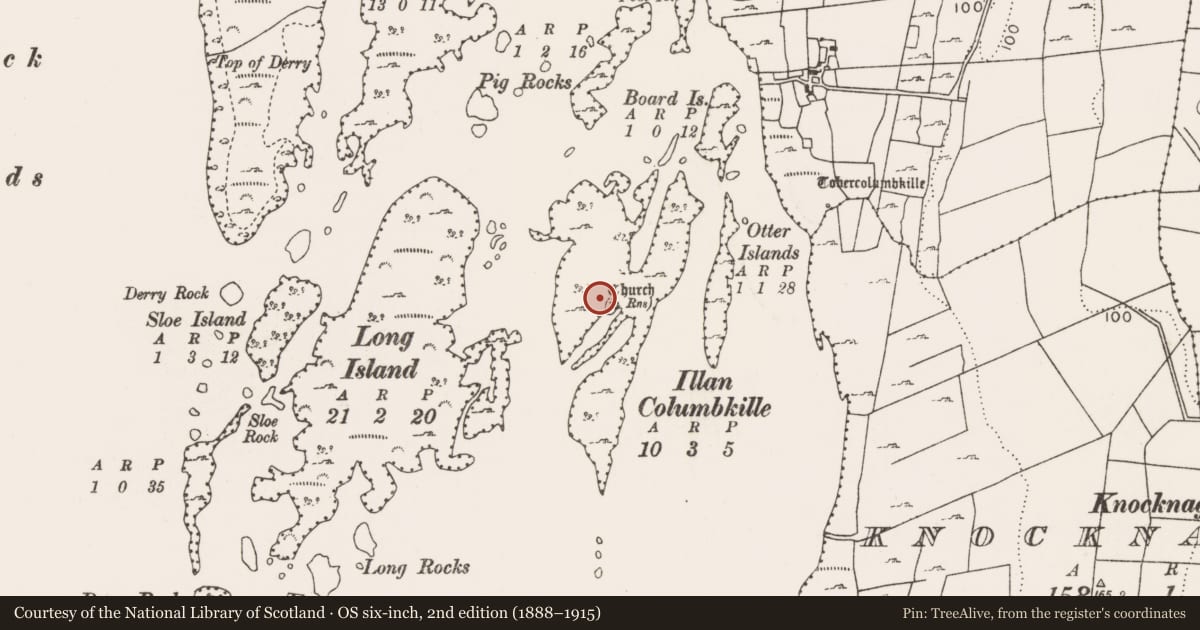 Ordnance Survey six-inch map, 2nd edition (1888–1915) covering the location of Enclosure, Illan Columbkille Island, County Mayo, with a pin at the register's coordinates