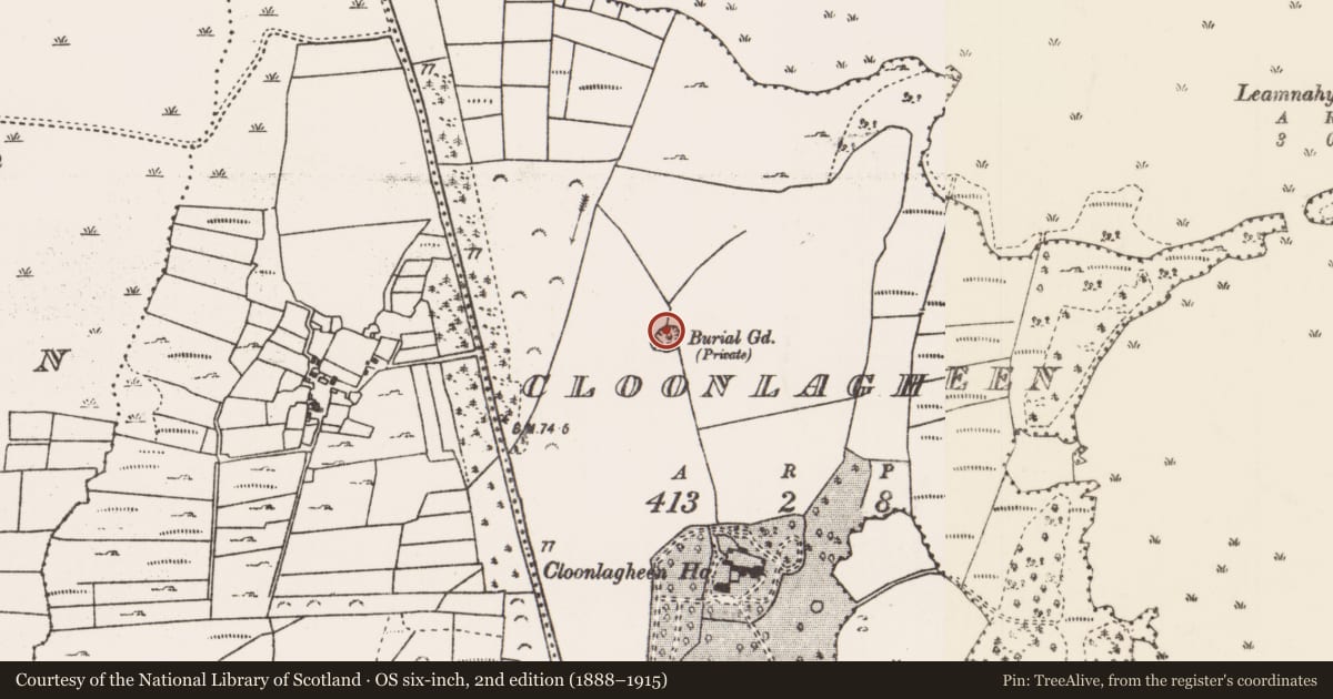 Ordnance Survey six-inch map, 2nd edition (1888–1915) covering the location of Ringfort - rath, Cloonlagheen, County Mayo, with a pin at the register's coordinates