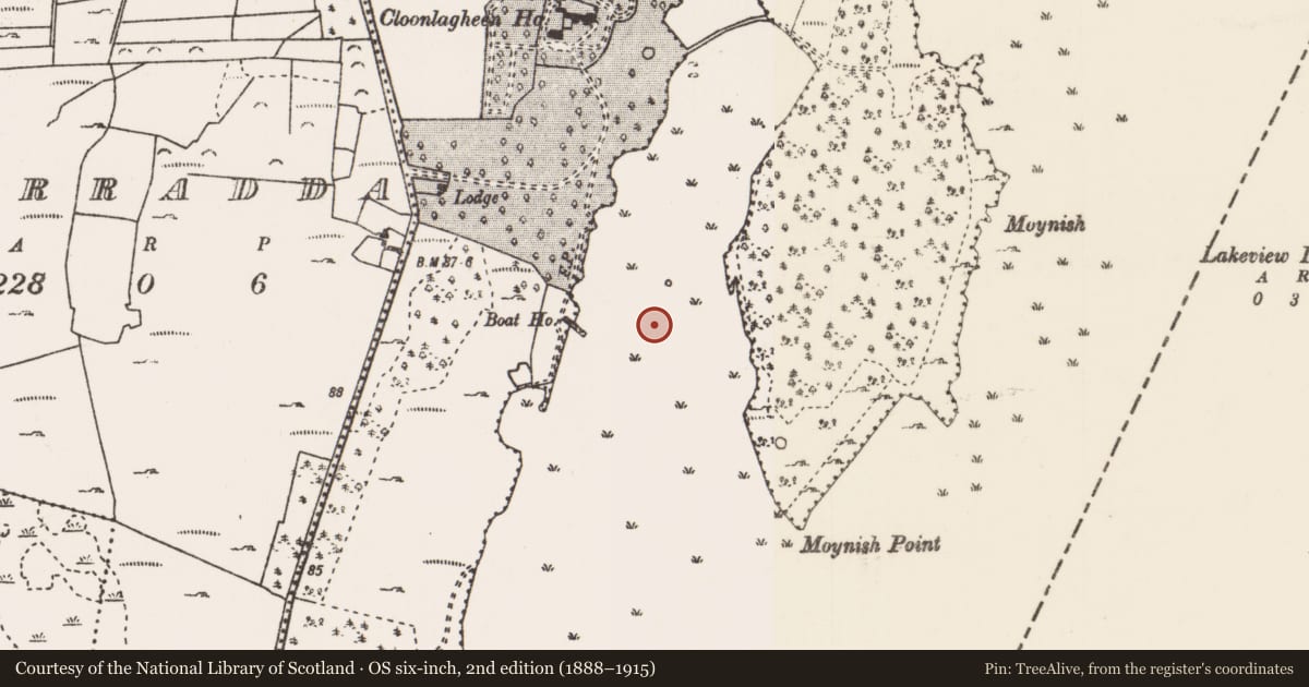 Ordnance Survey six-inch map, 2nd edition (1888–1915) covering the location of Crannog, Lough Carra, County Mayo, with a pin at the register's coordinates