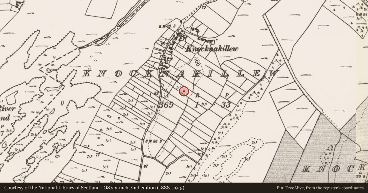 Ordnance Survey six-inch map, 2nd edition (1888–1915) covering the location of Enclosure, Knocknakillew, County Mayo, with a pin at the register's coordinates