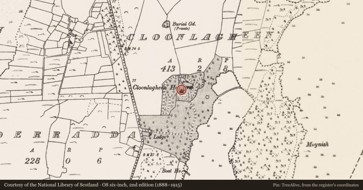 Ordnance Survey six-inch map, 2nd edition (1888–1915) covering the location of Castle - unclassified, Cloonlagheen, County Mayo, with a pin at the register's coordinates