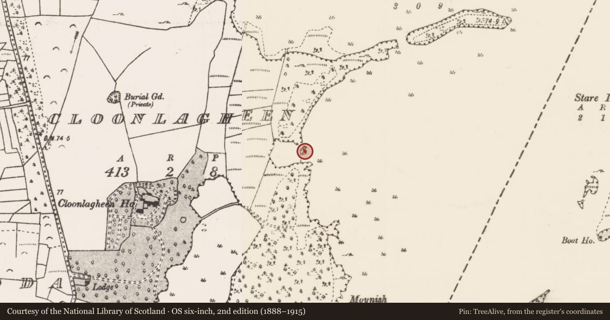 Ordnance Survey six-inch map, 2nd edition (1888–1915) covering the location of Crannog, Lough Carra, County Mayo, with a pin at the register's coordinates