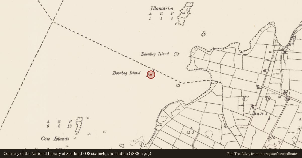 Ordnance Survey six-inch map, 2nd edition (1888–1915) covering the location of Crannog, Lough Carra, County Mayo, with a pin at the register's coordinates