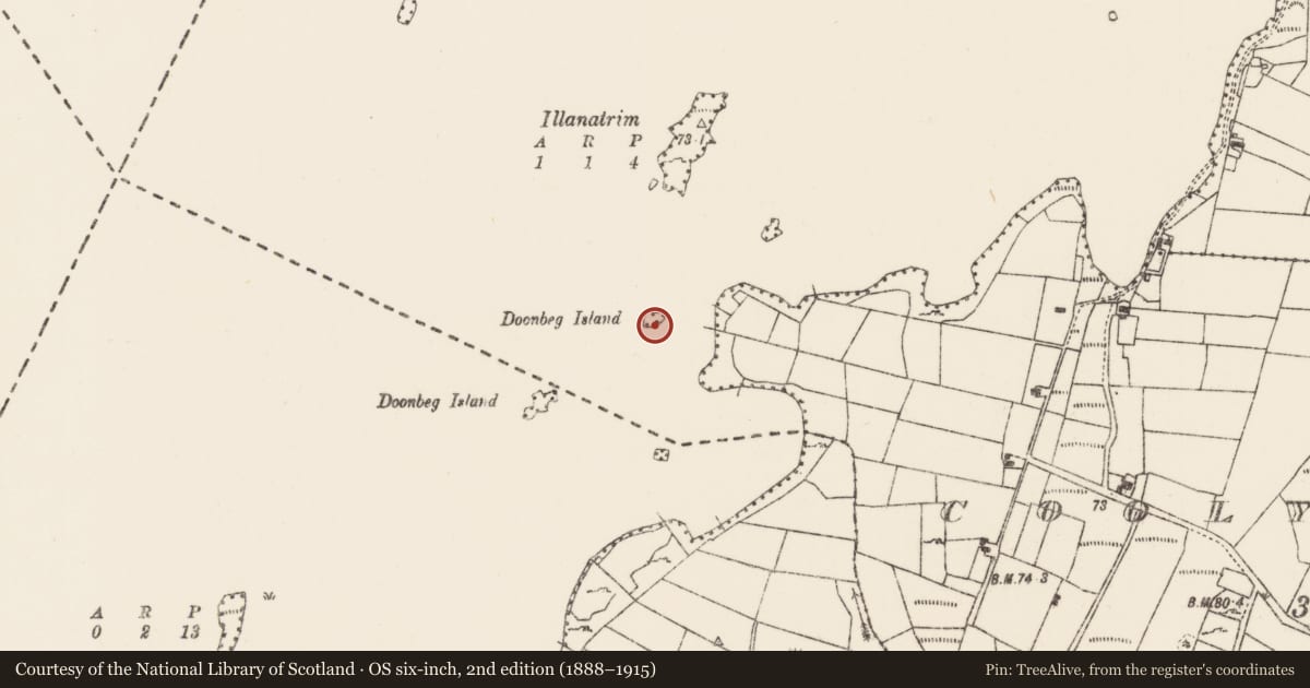 Ordnance Survey six-inch map, 2nd edition (1888–1915) covering the location of Crannog, Lough Carra, County Mayo, with a pin at the register's coordinates