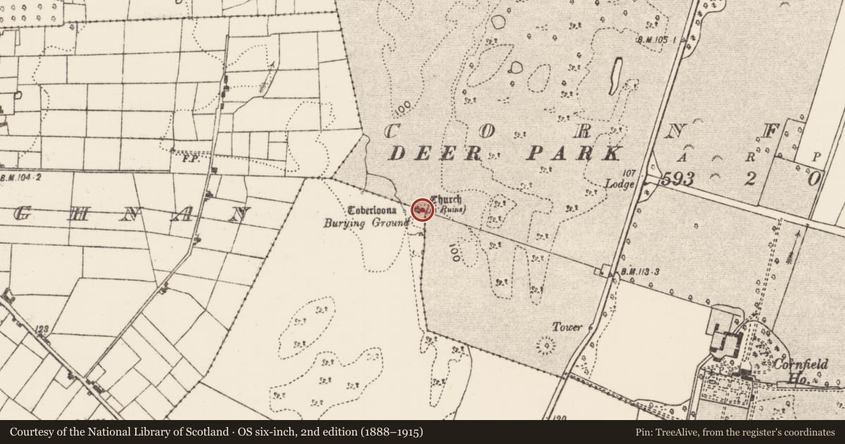 Ordnance Survey six-inch map, 2nd edition (1888–1915) covering the location of Church, Ballywalter (Kilmaine By., Robeen Par.), County Mayo, with a pin at the register's coordinates