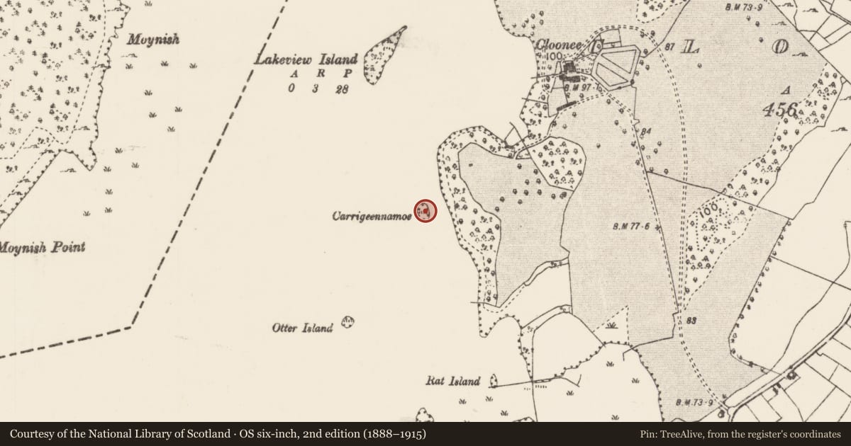 Ordnance Survey six-inch map, 2nd edition (1888–1915) covering the location of Crannog, Lough Carra, County Mayo, with a pin at the register's coordinates