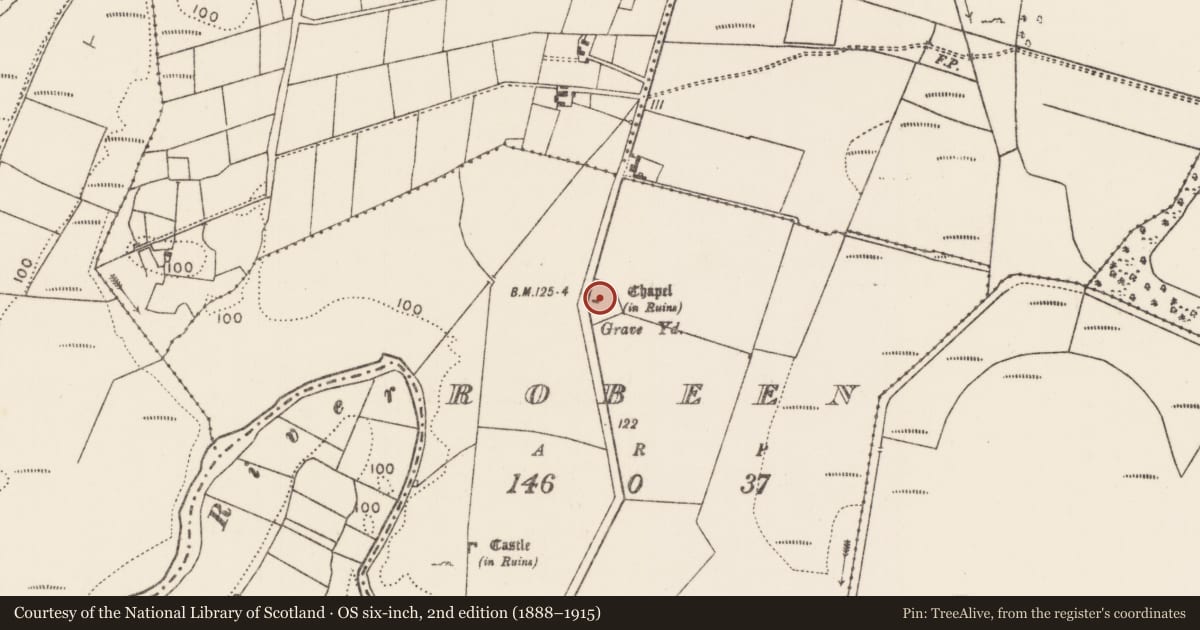 Ordnance Survey six-inch map, 2nd edition (1888–1915) covering the location of Church, Robeen, County Mayo, with a pin at the register's coordinates