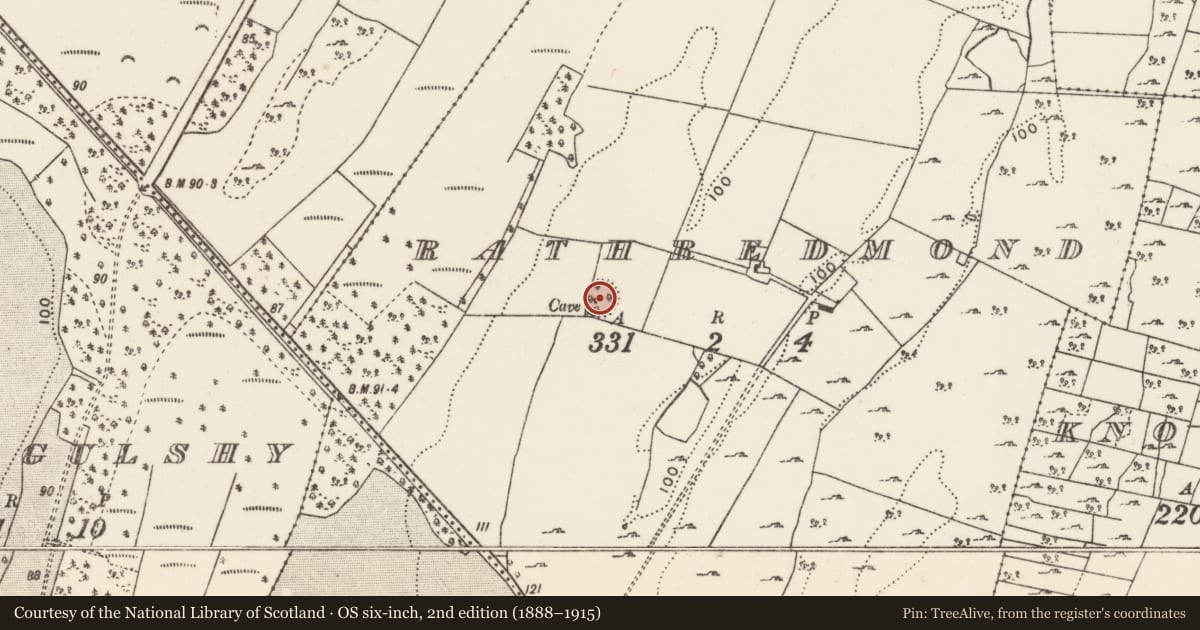Ordnance Survey six-inch map, 2nd edition (1888–1915) covering the location of Souterrain, Rathredmond, County Mayo, with a pin at the register's coordinates