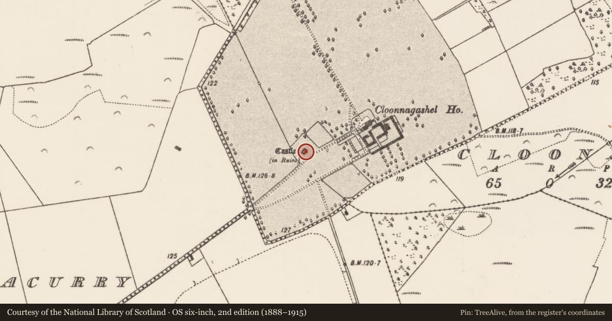Ordnance Survey six-inch map, 2nd edition (1888–1915) covering the location of Castle - tower house, Cloonnagashel, County Mayo, with a pin at the register's coordinates