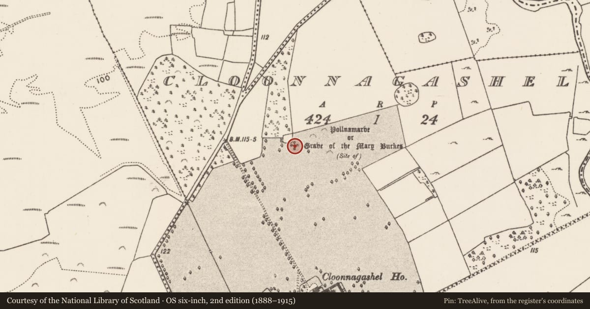 Ordnance Survey six-inch map, 2nd edition (1888–1915) covering the location of Burial, Cloonnagashel, County Mayo, with a pin at the register's coordinates