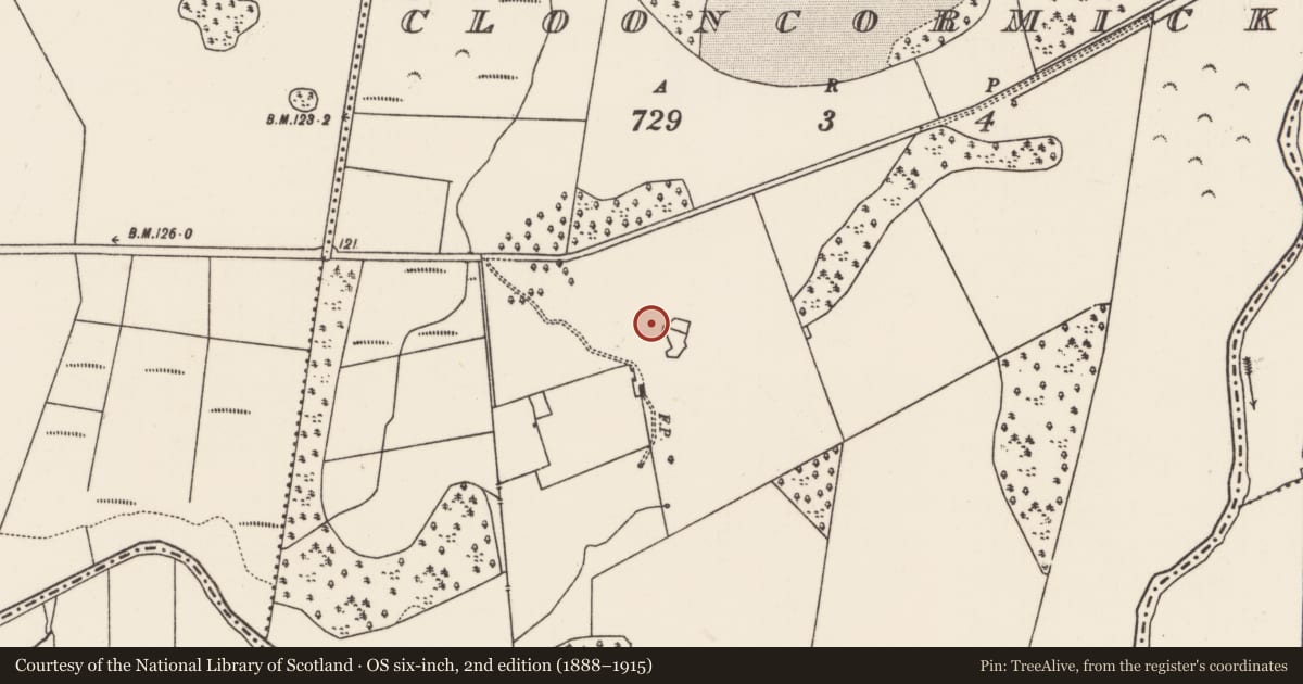 Ordnance Survey six-inch map, 2nd edition (1888–1915) covering the location of Enclosure, Clooncormick, County Mayo, with a pin at the register's coordinates