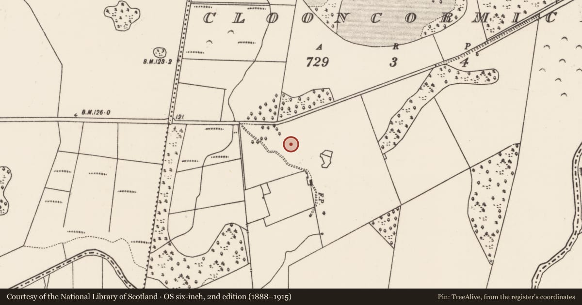 Ordnance Survey six-inch map, 2nd edition (1888–1915) covering the location of Enclosure, Clooncormick, County Mayo, with a pin at the register's coordinates