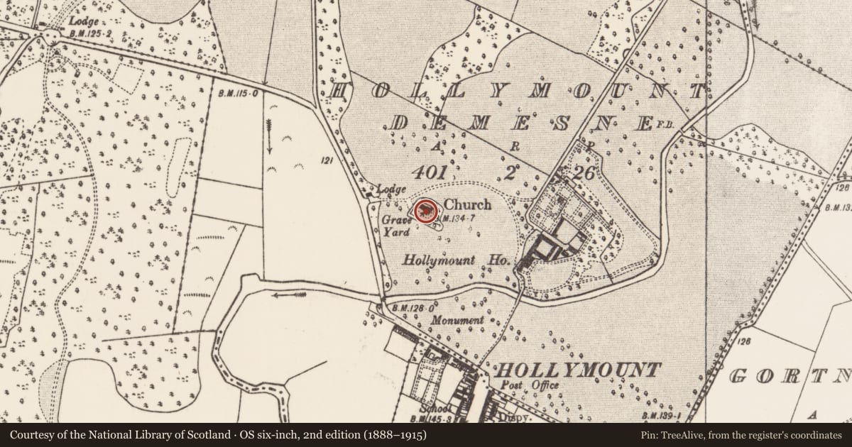 Ordnance Survey six-inch map, 2nd edition (1888–1915) covering the location of Church, Hollymount Demesne, County Mayo, with a pin at the register's coordinates
