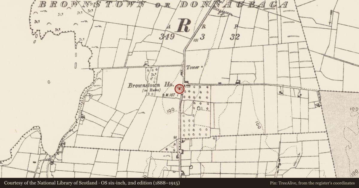 Ordnance Survey six-inch map, 2nd edition (1888–1915) covering the location of House - 16th/17th century, Brownstown Or Donnageaga, County Mayo, with a pin at the register's coordinates
