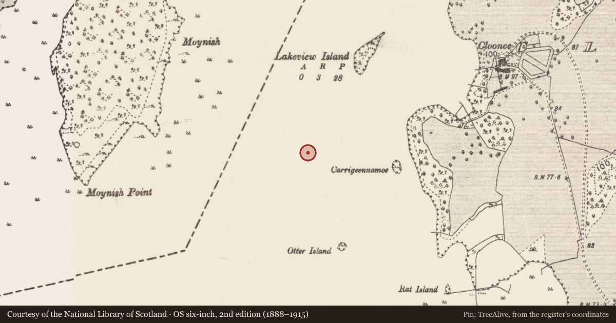Ordnance Survey six-inch map, 2nd edition (1888–1915) covering the location of Crannog, Lough Carra, County Mayo, with a pin at the register's coordinates