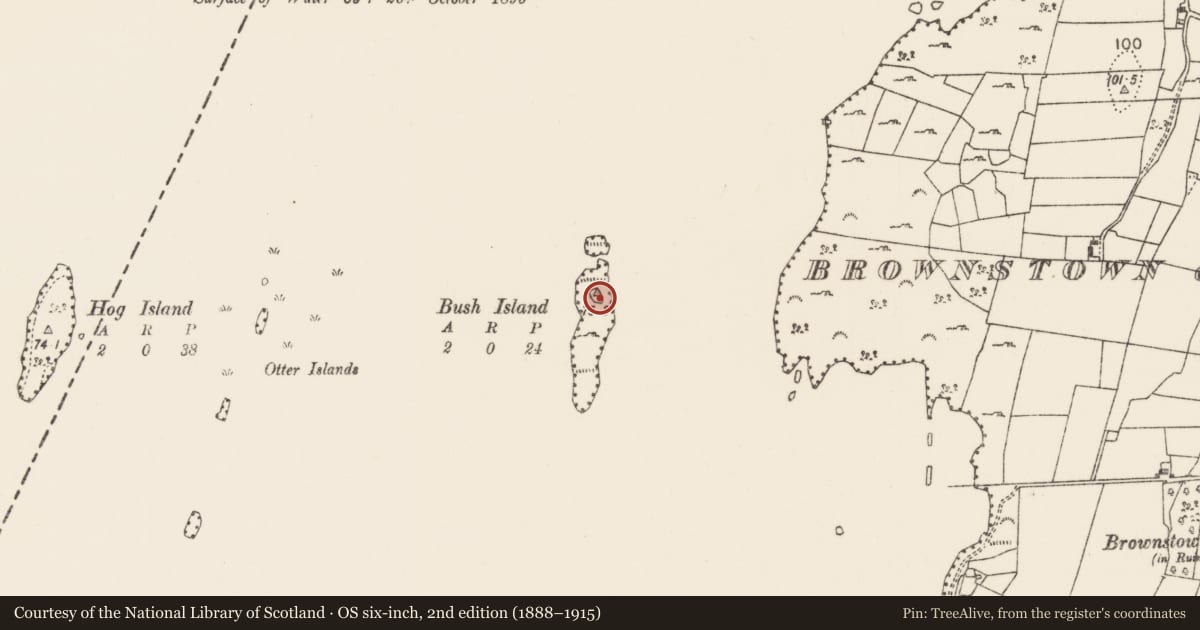 Ordnance Survey six-inch map, 2nd edition (1888–1915) covering the location of Enclosure, Bush Island, County Mayo, with a pin at the register's coordinates
