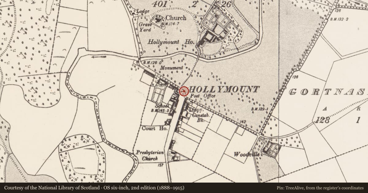Ordnance Survey six-inch map, 2nd edition (1888–1915) covering the location of Sheela-na-gig (present location), Hollymount Demesne, County Mayo, with a pin at the register's coordinates
