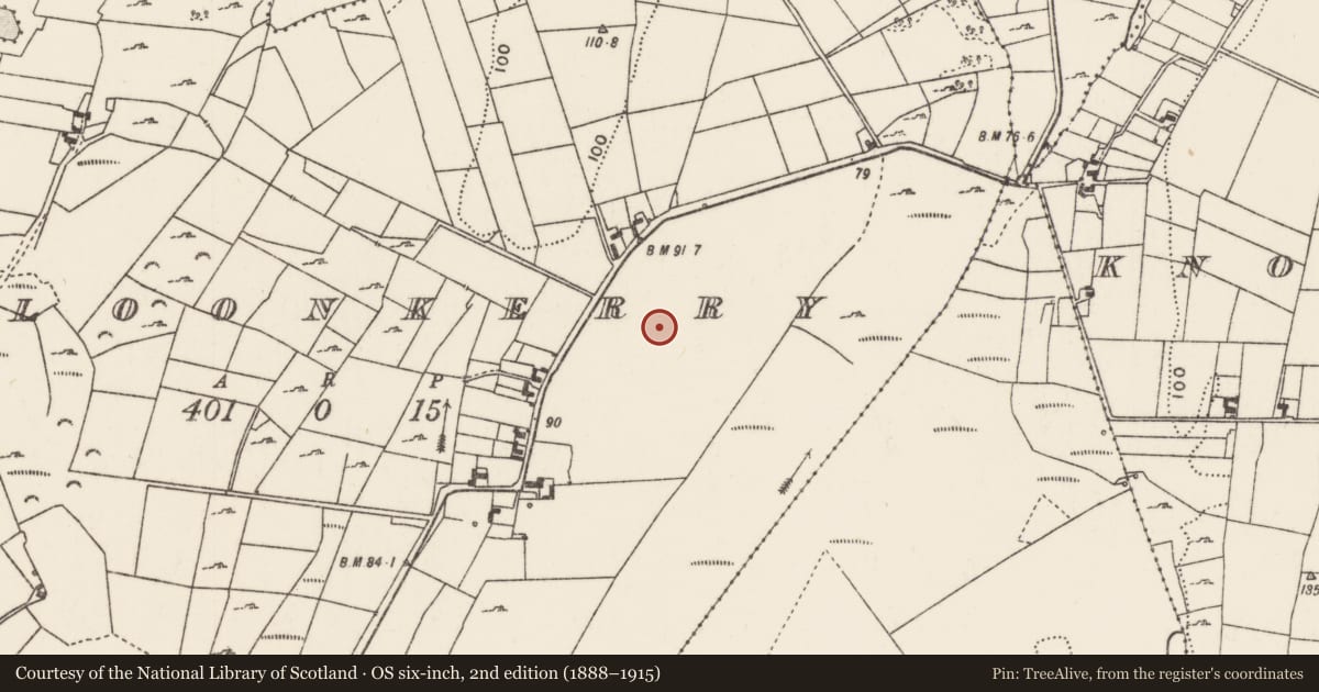 Ordnance Survey six-inch map, 2nd edition (1888–1915) covering the location of Enclosure - large enclosure, Cloonkerry, County Mayo, with a pin at the register's coordinates