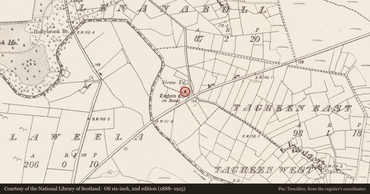 Ordnance Survey six-inch map, 2nd edition (1888–1915) covering the location of Church, Tagheen East, County Mayo, with a pin at the register's coordinates