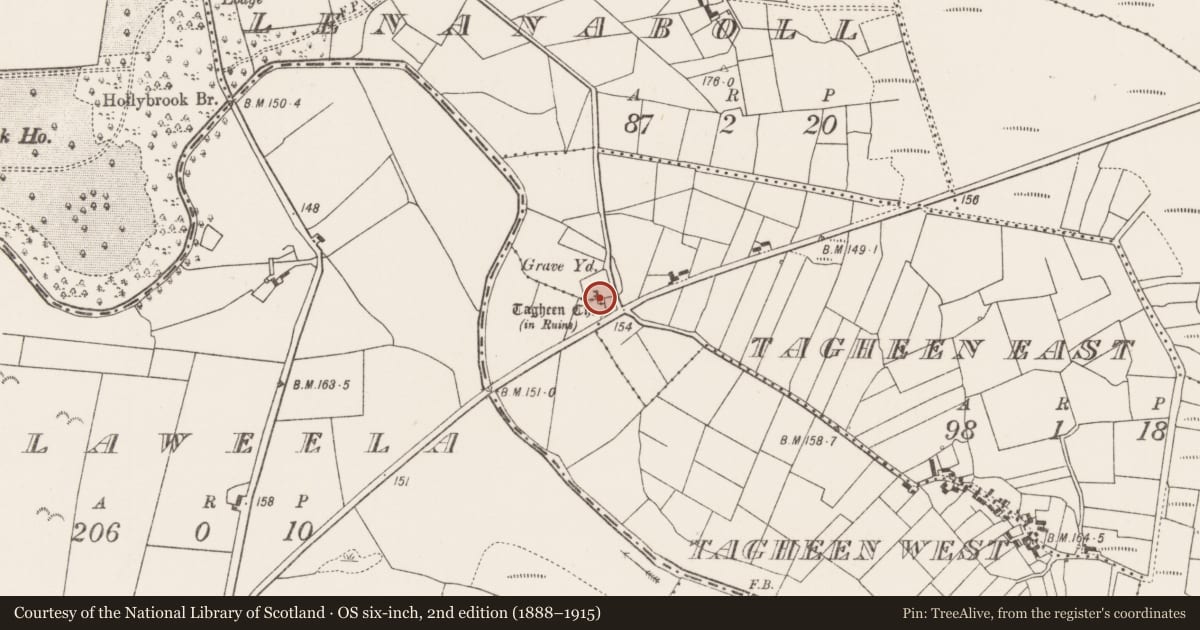 Ordnance Survey six-inch map, 2nd edition (1888–1915) covering the location of Graveyard, Tagheen East, County Mayo, with a pin at the register's coordinates