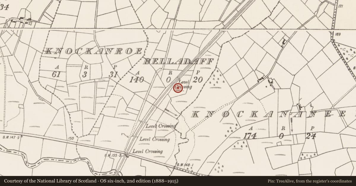 Ordnance Survey six-inch map, 2nd edition (1888–1915) covering the location of Enclosure, Belladaff, County Mayo, with a pin at the register's coordinates