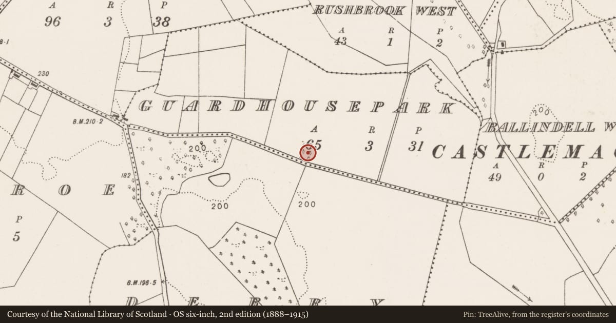 Ordnance Survey six-inch map, 2nd edition (1888–1915) covering the location of Enclosure, Guardhousepark, County Mayo, with a pin at the register's coordinates