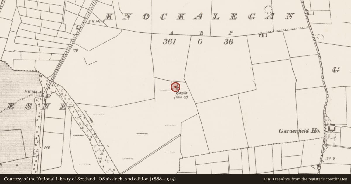 Ordnance Survey six-inch map, 2nd edition (1888–1915) covering the location of Castle - unclassified, Knockalegan, County Mayo, with a pin at the register's coordinates