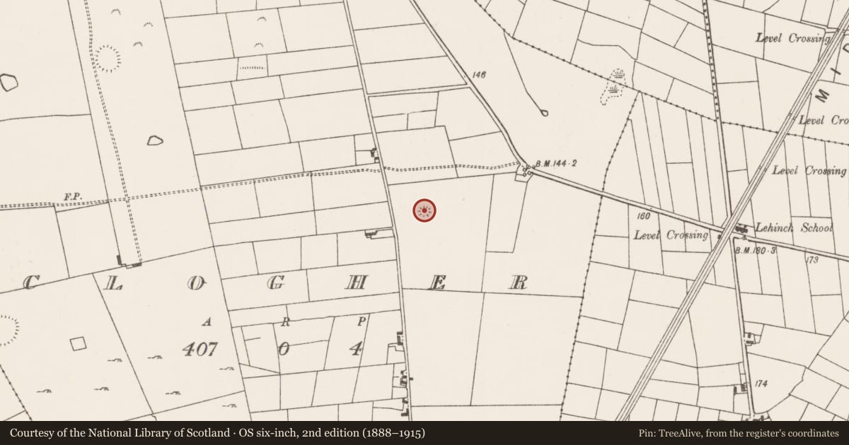 Ordnance Survey six-inch map, 2nd edition (1888–1915) covering the location of Barrow - ring-barrow, Clogher, County Mayo, with a pin at the register's coordinates