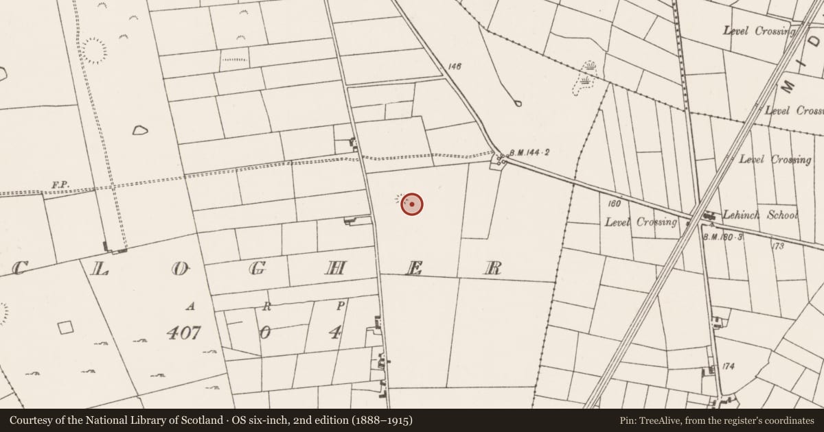 Ordnance Survey six-inch map, 2nd edition (1888–1915) covering the location of Barrow - mound barrow, Clogher, County Mayo, with a pin at the register's coordinates