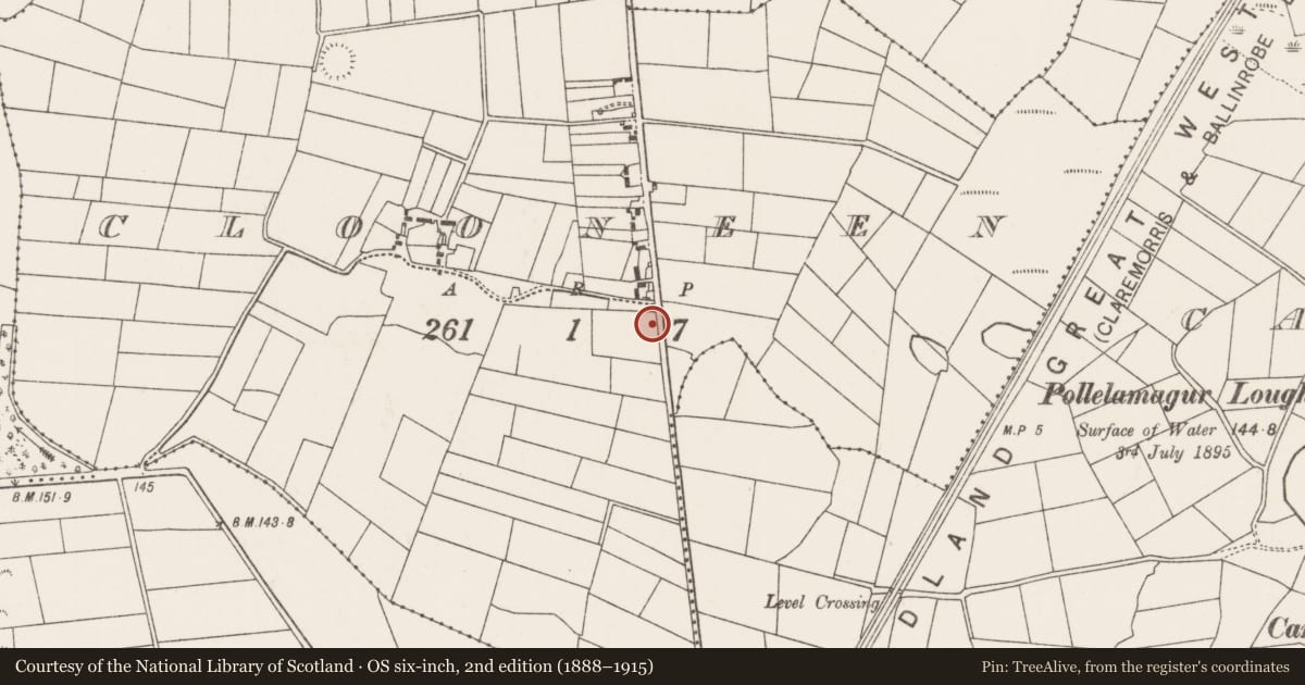 Ordnance Survey six-inch map, 2nd edition (1888–1915) covering the location of Enclosure, Clooneen, County Mayo, with a pin at the register's coordinates
