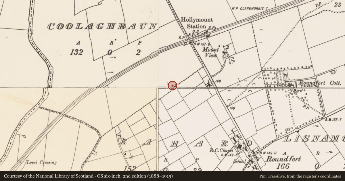 Ordnance Survey six-inch map, 2nd edition (1888–1915) covering the location of Enclosure, Coolaghbaun, County Mayo, with a pin at the register's coordinates