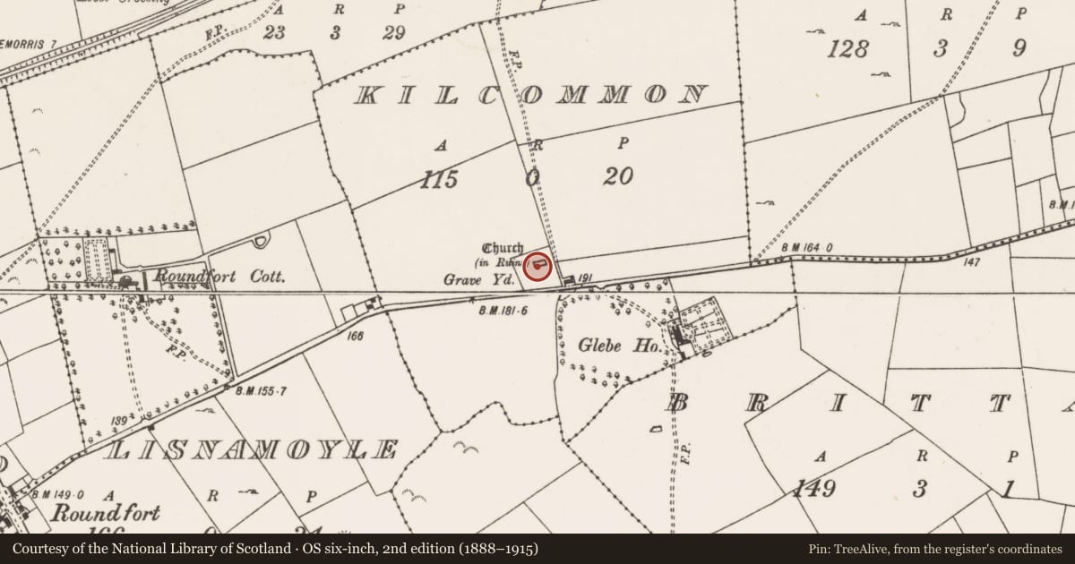 Ordnance Survey six-inch map, 2nd edition (1888–1915) covering the location of Church, Kilcommon, County Mayo, with a pin at the register's coordinates