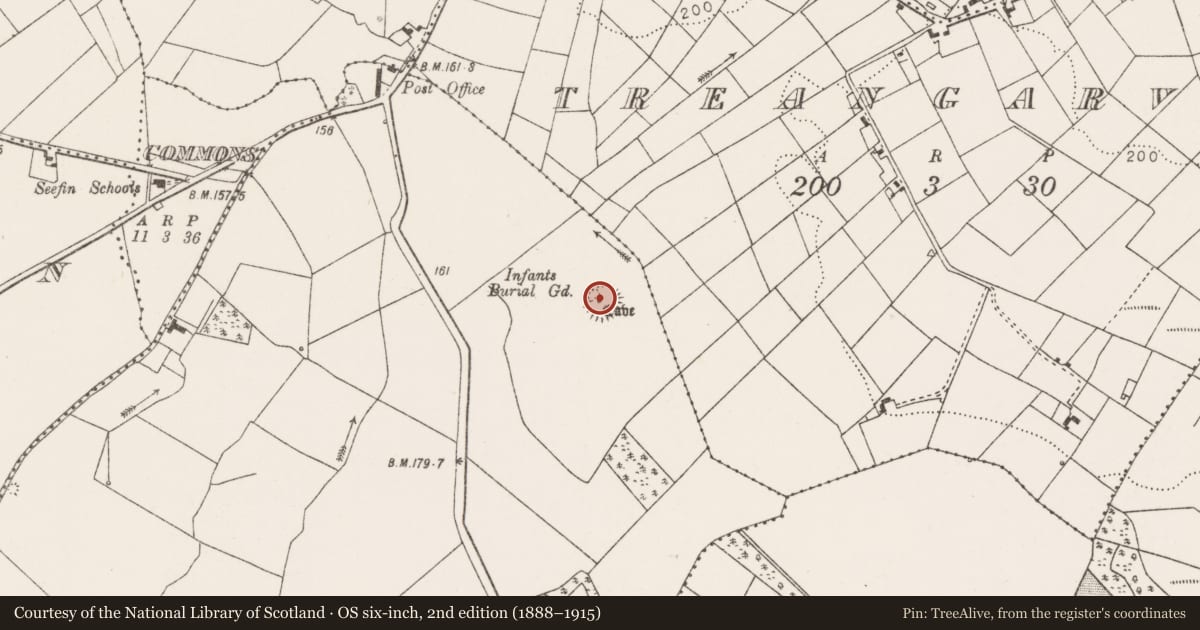 Ordnance Survey six-inch map, 2nd edition (1888–1915) covering the location of Children's burial ground, Killeenrevagh, County Mayo, with a pin at the register's coordinates