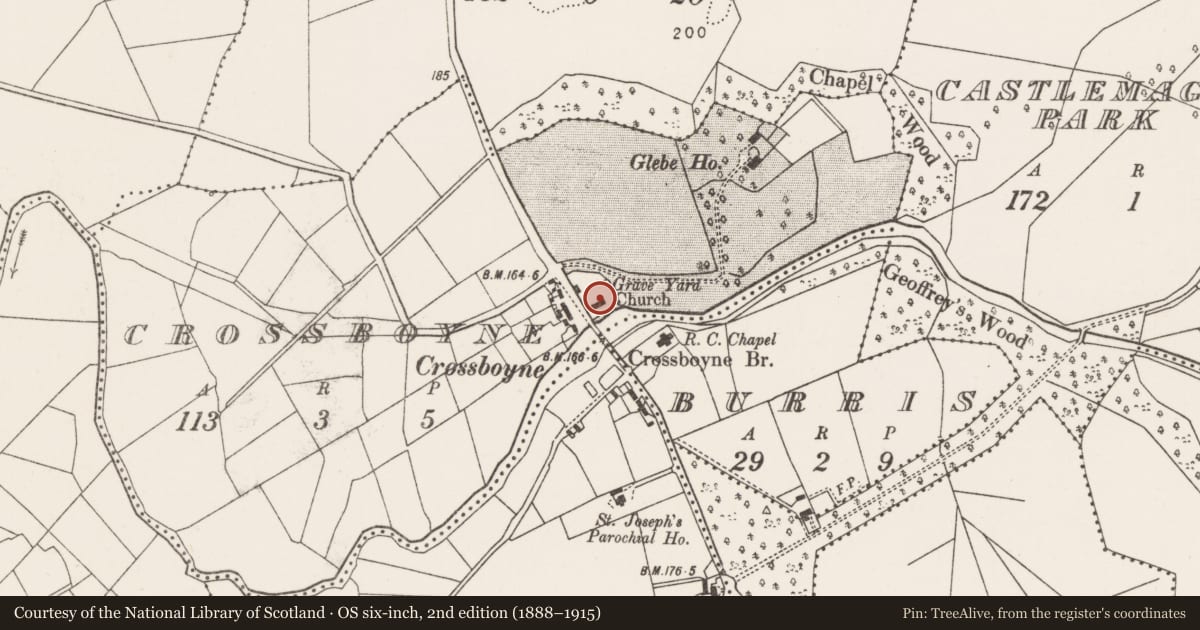 Ordnance Survey six-inch map, 2nd edition (1888–1915) covering the location of Structure, Crossboyne, County Mayo, with a pin at the register's coordinates