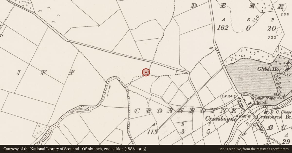 Ordnance Survey six-inch map, 2nd edition (1888–1915) covering the location of Fulacht fia, Coolroe, County Mayo, with a pin at the register's coordinates