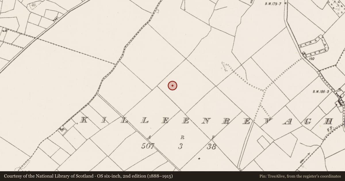 Ordnance Survey six-inch map, 2nd edition (1888–1915) covering the location of Mound, Killeenrevagh, County Mayo, with a pin at the register's coordinates