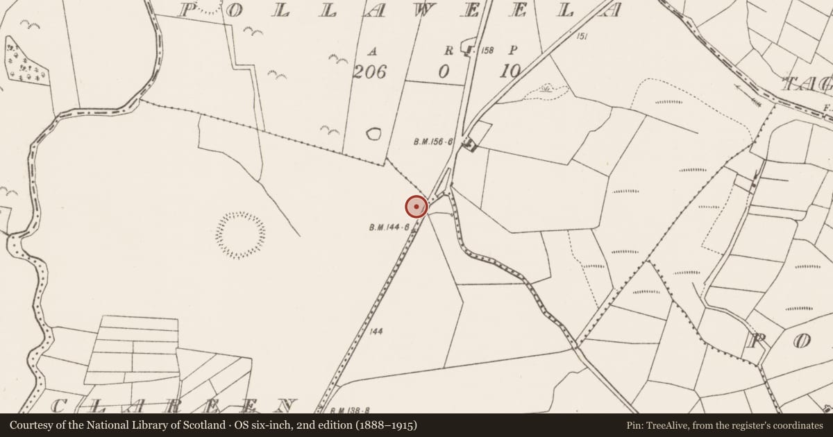 Ordnance Survey six-inch map, 2nd edition (1888–1915) covering the location of Burnt mound, Clareen, County Mayo, with a pin at the register's coordinates