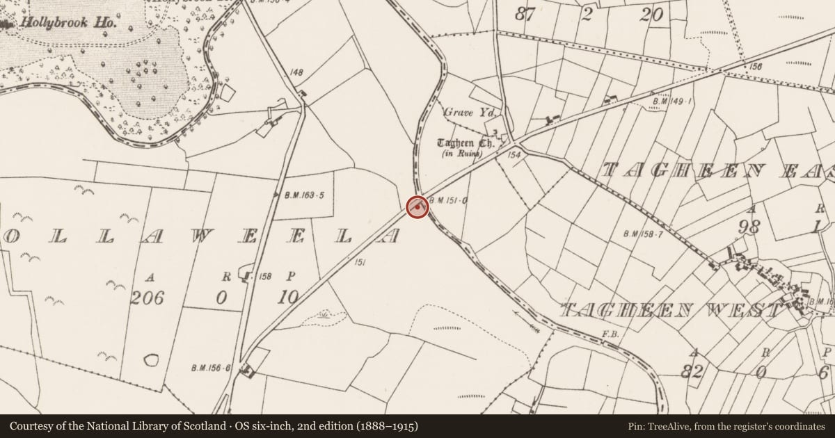 Ordnance Survey six-inch map, 2nd edition (1888–1915) covering the location of Burnt mound, Pollaweela, County Mayo, with a pin at the register's coordinates