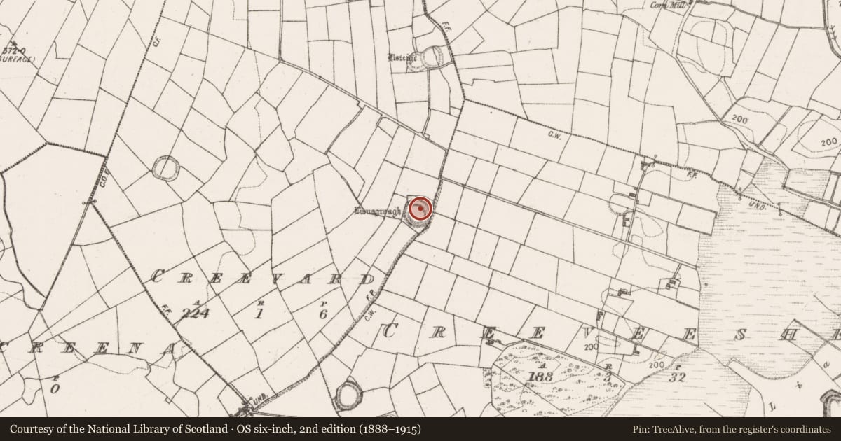 Ordnance Survey six-inch map, 2nd edition (1888–1915) covering the location of Enclosure, Creevard, County Mayo, with a pin at the register's coordinates