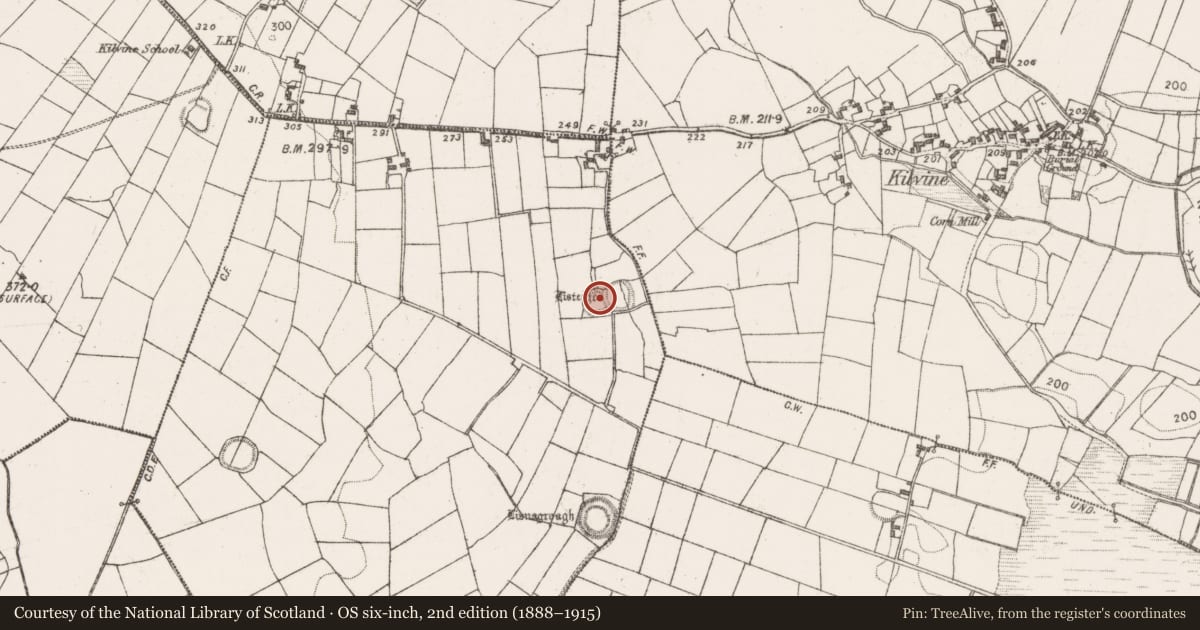 Ordnance Survey six-inch map, 2nd edition (1888–1915) covering the location of Enclosure, Creevard, County Mayo, with a pin at the register's coordinates