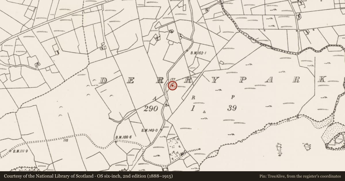 Ordnance Survey six-inch map, 2nd edition (1888–1915) covering the location of Children's burial ground, Páirc An Doire, County Mayo, with a pin at the register's coordinates