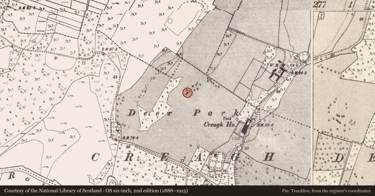 Ordnance Survey six-inch map, 2nd edition (1888–1915) covering the location of Enclosure, Creagh Demesne, County Mayo, with a pin at the register's coordinates