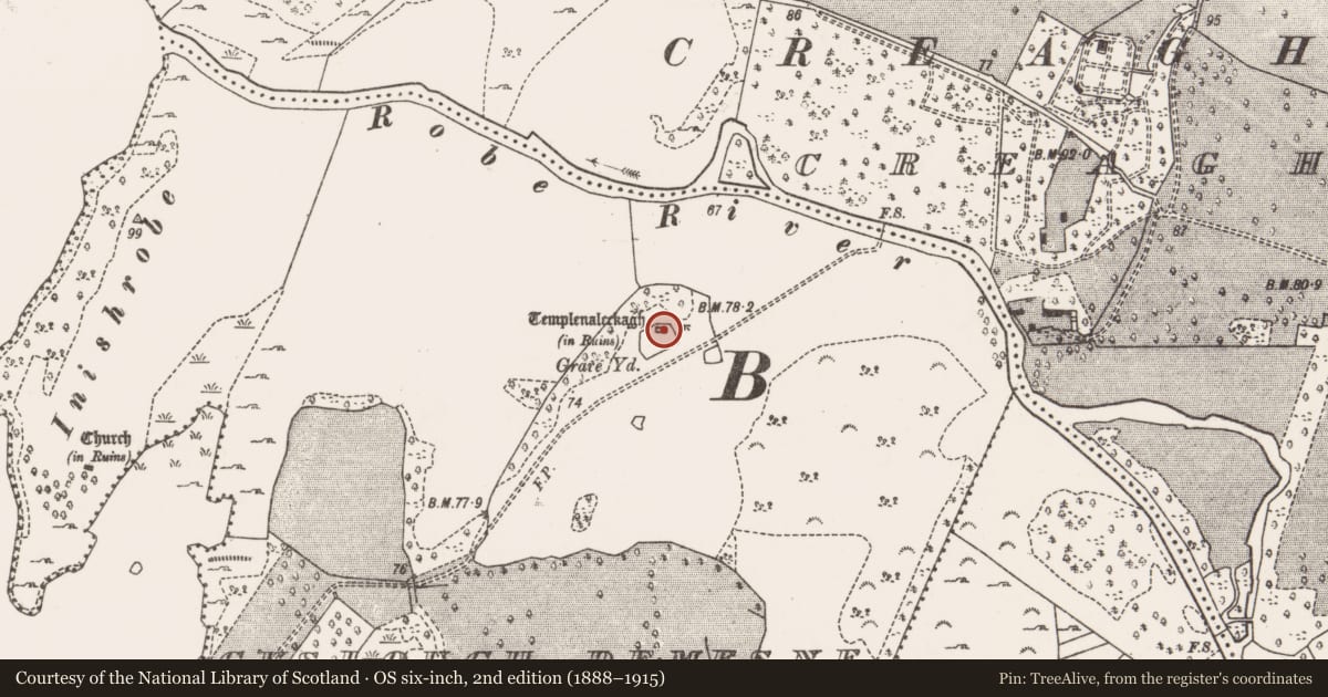 Ordnance Survey six-inch map, 2nd edition (1888–1915) covering the location of Church, Cuslough Demesne, County Mayo, with a pin at the register's coordinates