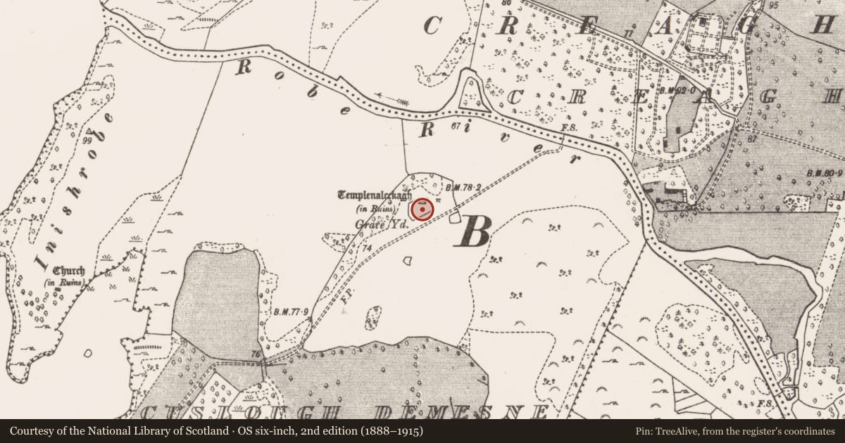 Ordnance Survey six-inch map, 2nd edition (1888–1915) covering the location of Enclosure, Cuslough Demesne, County Mayo, with a pin at the register's coordinates