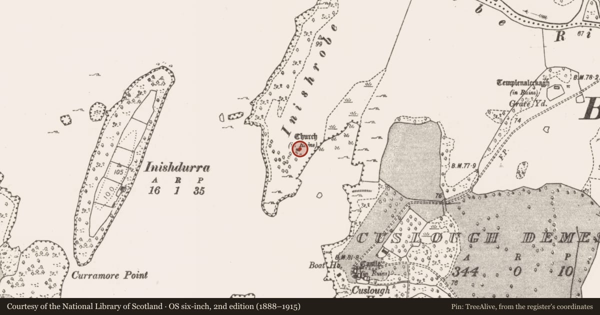 Ordnance Survey six-inch map, 2nd edition (1888–1915) covering the location of Church, Cuslough Demesne, County Mayo, with a pin at the register's coordinates